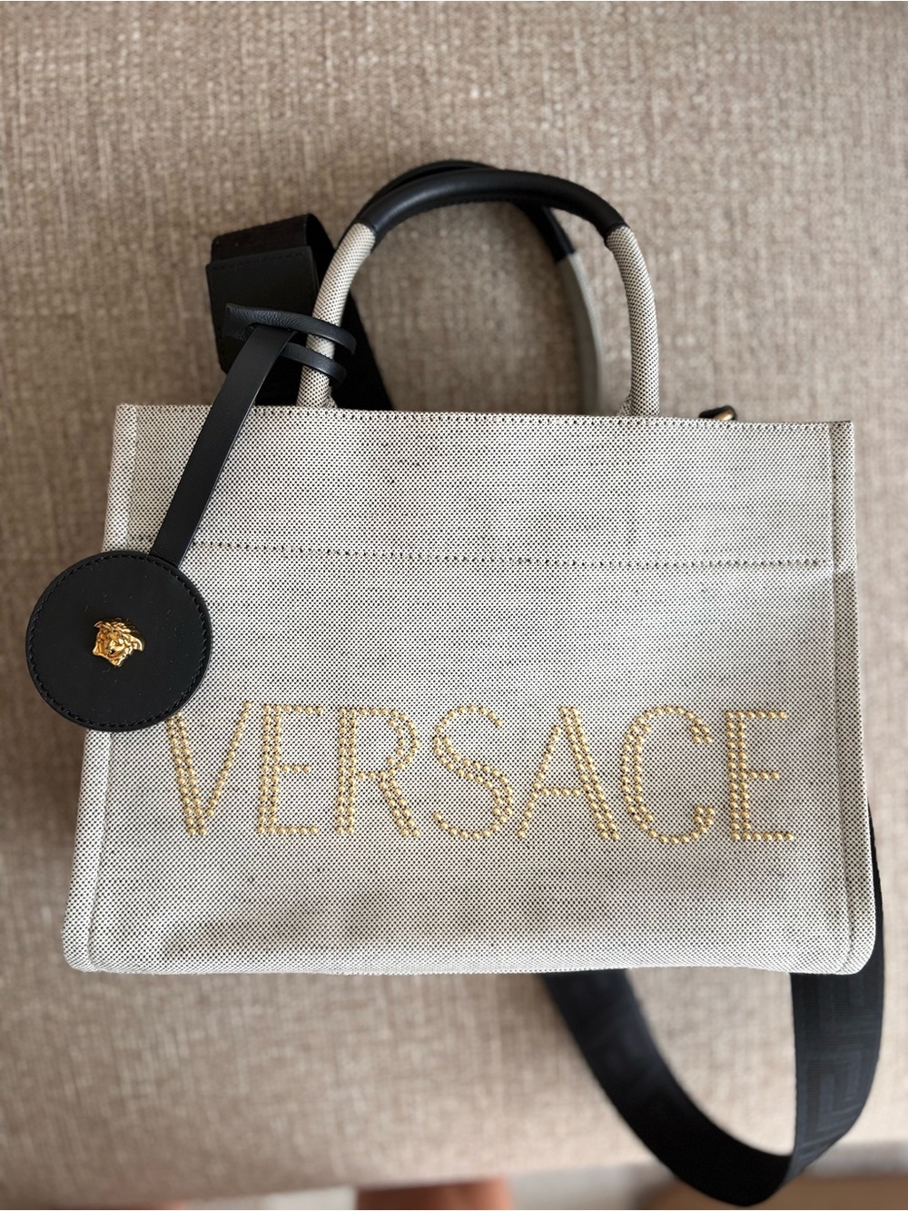 Versace Ecru Canvas Studded Logo Tote Bag NWT